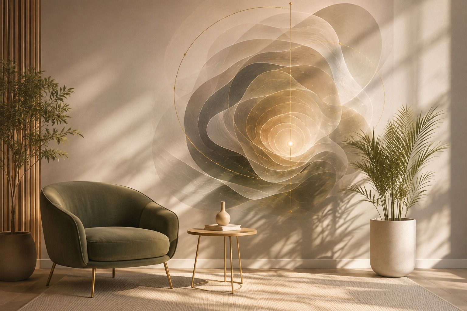 Sala serena em tons de marfim e oliva, com uma poltrona verde, plantas e, na parede, uma obra de camadas translúcidas que convergem para um ponto de luz.